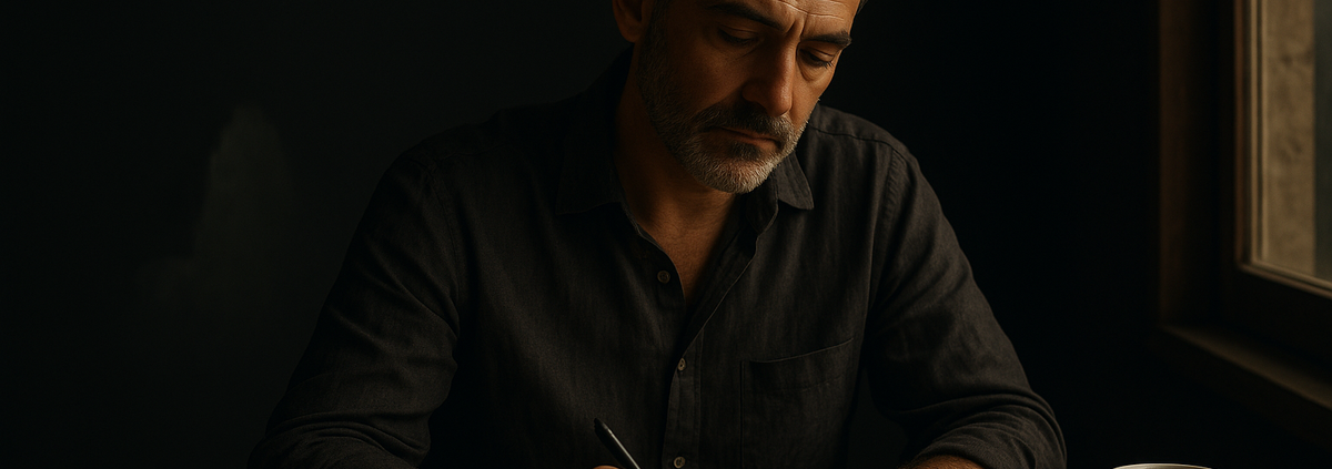 Hombre escribiendo en un cuaderno al amanecer, reflexionando sobre los 5 pilares de la vida del Método 5L.
