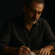 Hombre escribiendo en un cuaderno al amanecer, reflexionando sobre los 5 pilares de la vida del Método 5L.