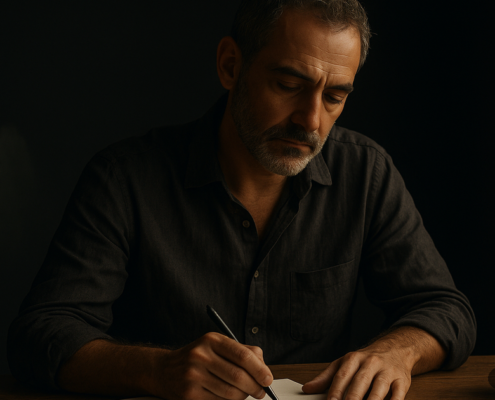 Hombre escribiendo en un cuaderno al amanecer, reflexionando sobre los 5 pilares de la vida del Método 5L.