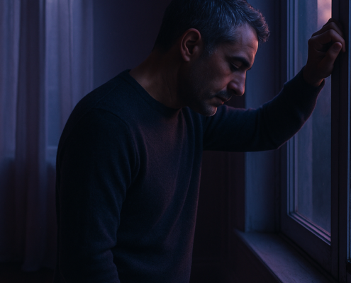 Hombre pensativo ante una ventana al amanecer, imagen sobre por qué repito los mismos errores