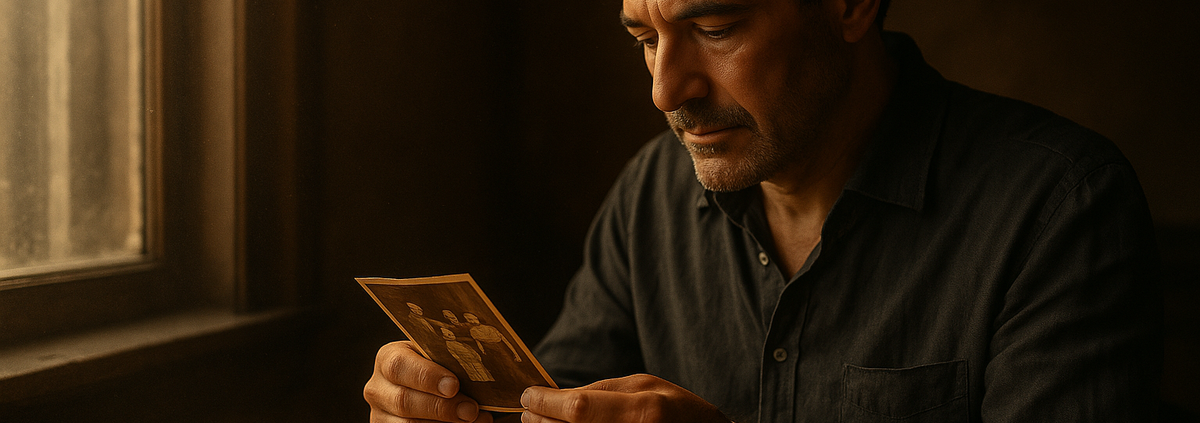 Hombre mira fotos familiares antiguas, idea del libro sobre creencias limitantes heredadas del linaje