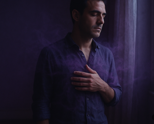 Hombre con la mano en el pecho soltando la ansiedad heredada junto a la ventana al amanecer