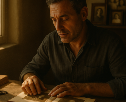 Hombre observando un álbum familiar antiguo, imagen sobre cómo detectar creencias heredadas del linaje.