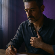 Hombre escribiendo junto a la ventana en un momento de reprogramación emocional cuántica al amanecer