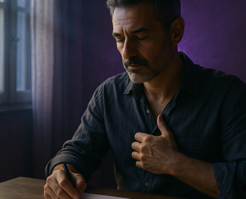 Hombre escribiendo junto a la ventana en un momento de reprogramación emocional cuántica al amanecer