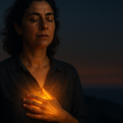Mujer con los ojos cerrados y luz en el pecho durante el eclipse del 12 de agosto al atardecer
