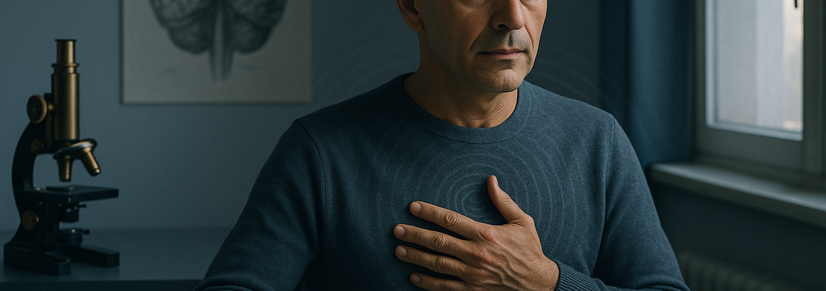 Hombre con la mano en el pecho respirando en calma, ilustrando la coherencia cardíaca