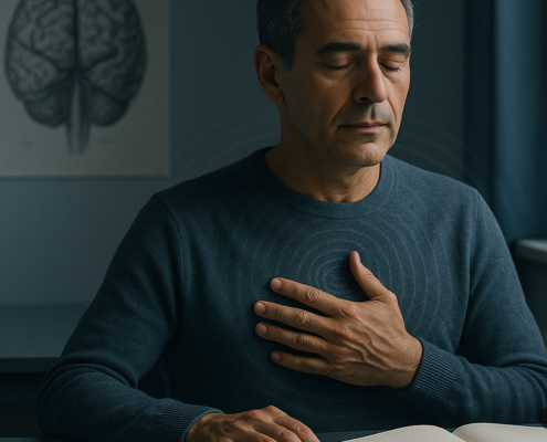 Hombre con la mano en el pecho respirando en calma, ilustrando la coherencia cardíaca