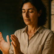 Mujer con las manos frente al pecho en una formación energética presencial en una masía de Vic