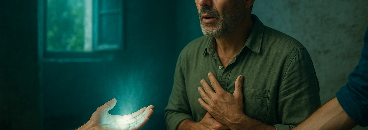 Hombre con las manos sobre el pecho en una sesión de prácticas energéticas en una masía