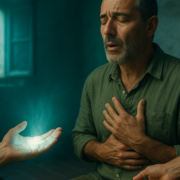Hombre con las manos sobre el pecho en una sesión de prácticas energéticas en una masía