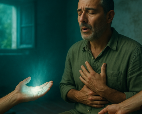 Hombre con las manos sobre el pecho en una sesión de prácticas energéticas en una masía