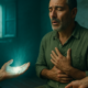 Hombre con las manos sobre el pecho en una sesión de prácticas energéticas en una masía