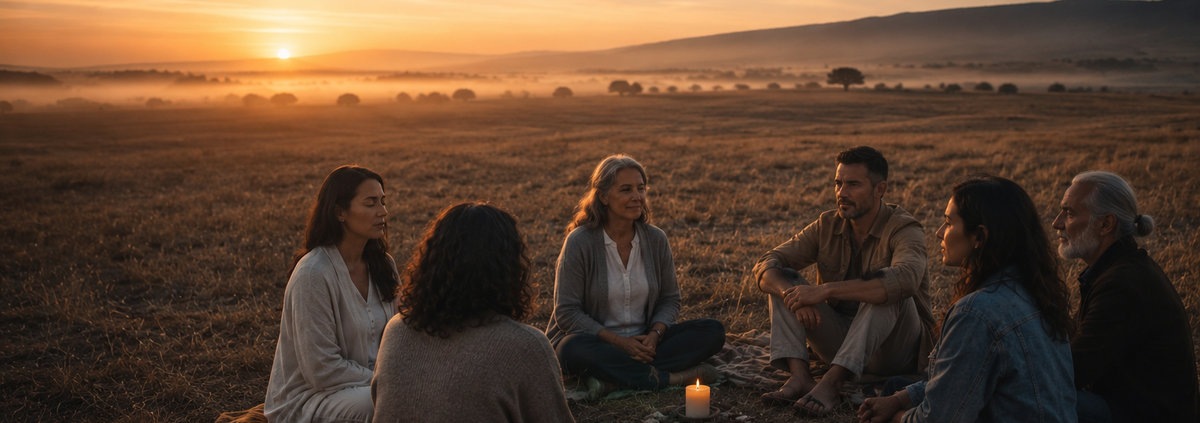 Círculo de personas al amanecer en la era del despertar, luz cálida sobre el campo