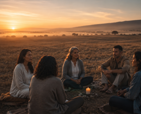 Círculo de personas al amanecer en la era del despertar, luz cálida sobre el campo
