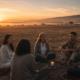 Círculo de personas al amanecer en la era del despertar, luz cálida sobre el campo