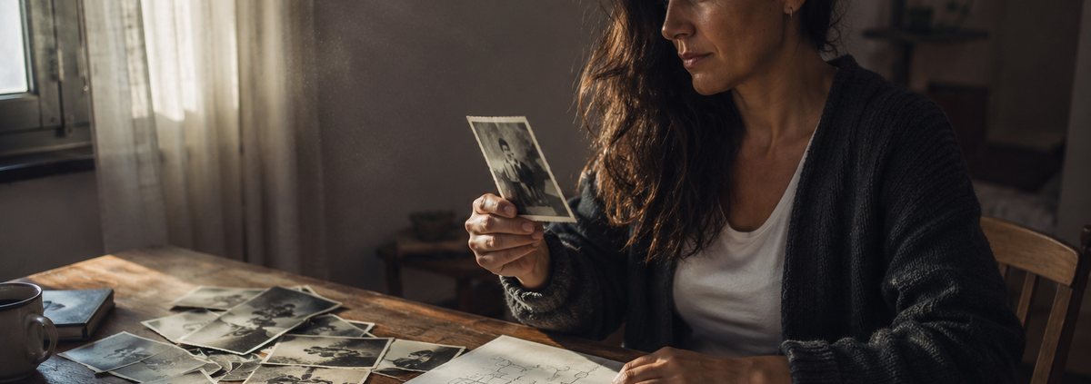 Mujer mirando fotografías familiares antiguas sobre la mesa para sanar el linaje familiar