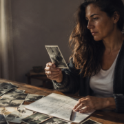 Mujer mirando fotografías familiares antiguas sobre la mesa para sanar el linaje familiar