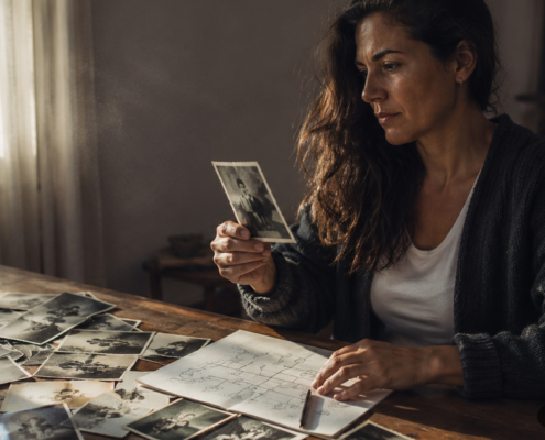 Mujer mirando fotografías familiares antiguas sobre la mesa para sanar el linaje familiar