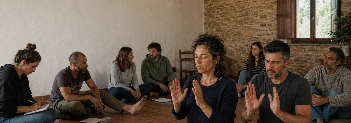 Grupo reducido en una masía durante un retiro espiritual práctico de un día en Vic