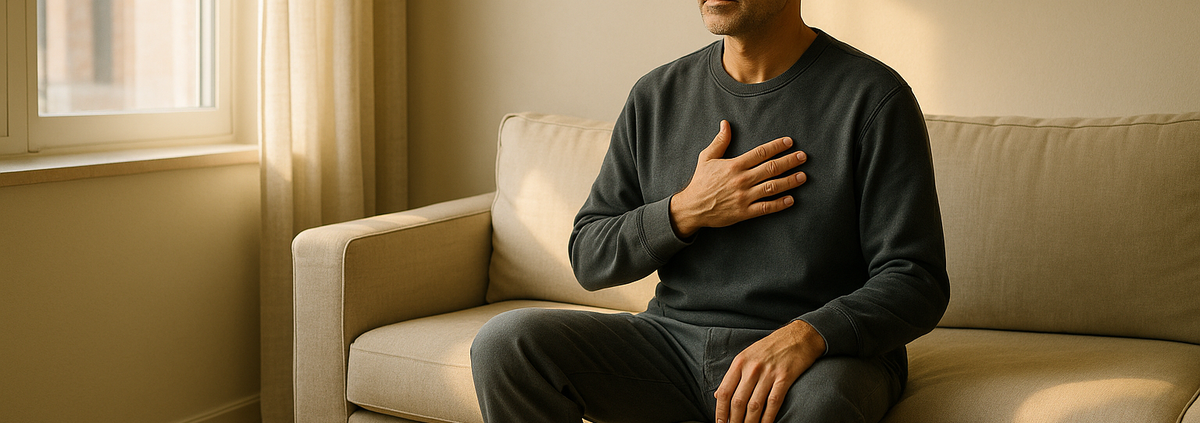 Hombre sentado en calma un domingo por la mañana con la mano en el pecho, ejemplo de espiritualidad práctica