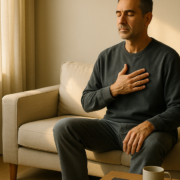Hombre sentado en calma un domingo por la mañana con la mano en el pecho, ejemplo de espiritualidad práctica
