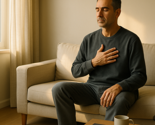 Hombre sentado en calma un domingo por la mañana con la mano en el pecho, ejemplo de espiritualidad práctica