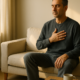 Hombre sentado en calma un domingo por la mañana con la mano en el pecho, ejemplo de espiritualidad práctica