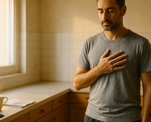 Hombre en la cocina de su casa un lunes por la mañana, con la palma apoyada en el pecho y luz de amanecer