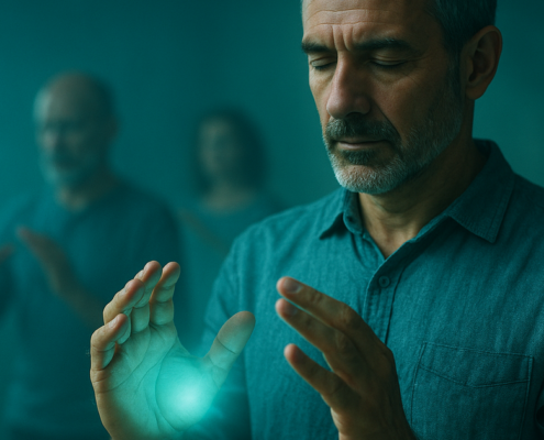 Hombre en una formación energética presencial con las manos abiertas frente al pecho en una sala de piedra