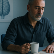 Hombre sereno junto a una ventana al amanecer, meditación y evidencia científica sobre el estrés