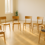 Círculo de doce sillas de madera vacías en una sala luminosa de Vic, preparadas para un retiro espiritual