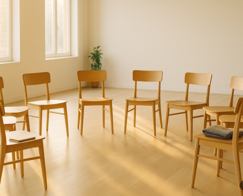 Círculo de doce sillas de madera vacías en una sala luminosa de Vic, preparadas para un retiro espiritual