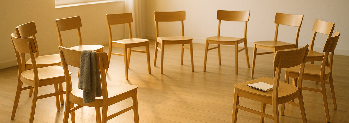 Sala luminosa en Vic con doce sillas de madera en círculo tras un retiro espiritual, con una manta doblada sobre una de ellas