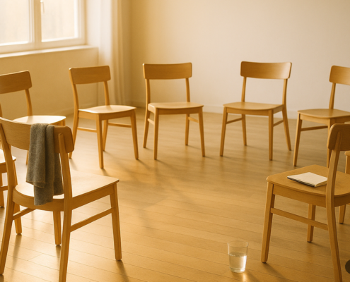 Sala luminosa en Vic con doce sillas de madera en círculo tras un retiro espiritual, con una manta doblada sobre una de ellas