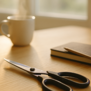 Manos abiertas sobre una mesa de madera junto a una libreta y unas tijeras corrientes, luz natural de mañana