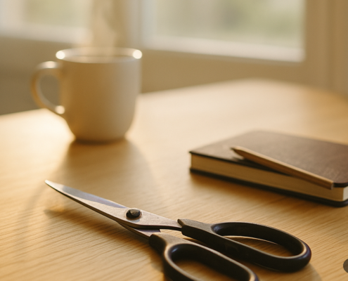 Manos abiertas sobre una mesa de madera junto a una libreta y unas tijeras corrientes, luz natural de mañana
