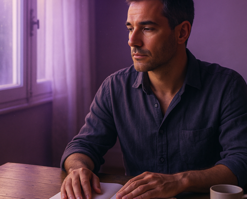 Hombre ante un cuaderno abierto al amanecer, imagen del reto de transformación personal del Método 5L