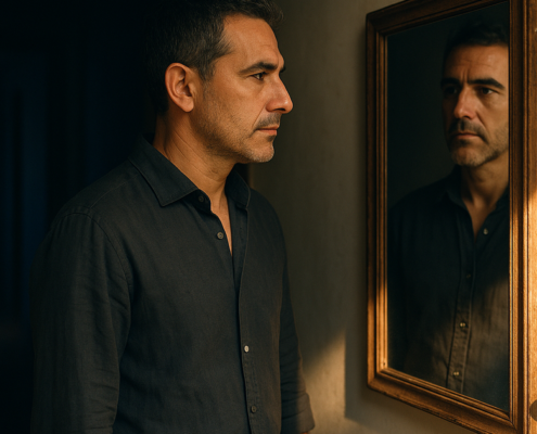 Hombre frente a un espejo al amanecer mirándose en silencio, desidentificación del ego