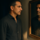 Hombre frente a un espejo al amanecer mirándose en silencio, desidentificación del ego