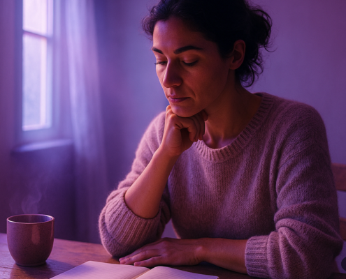 Mujer escribiendo en un cuaderno al empezar el reto Método 5L, primera semana, luz de mañana