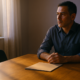 Hombre solo frente a una mesa de trabajo tras una herida de traición, luz de tarde