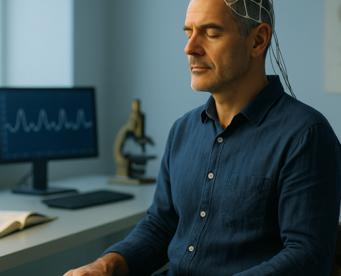 Hombre con gorro de electrodos meditando en un laboratorio: ondas cerebrales y meditación