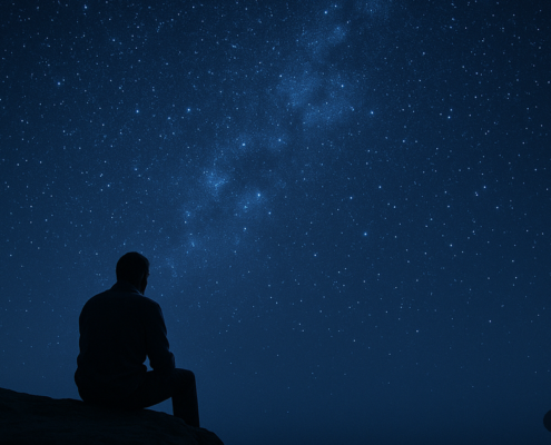 Hombre sentado a oscuras al borde de la cama al amanecer, una franja de luz cruza el suelo: noche oscura del alma