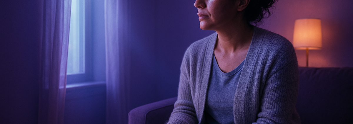 Mujer sentada de noche en el sofá mirando el móvil en silencio, esperando una respuesta: relación intermitente