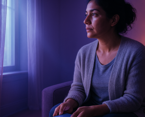 Mujer sentada de noche en el sofá mirando el móvil en silencio, esperando una respuesta: relación intermitente