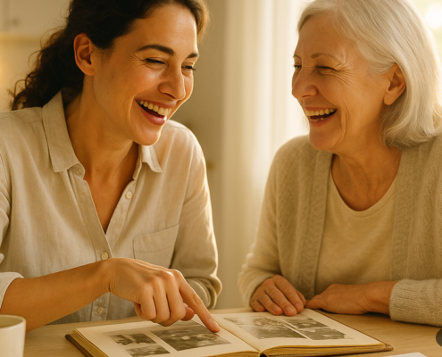 Madre e hija mirando un álbum familiar a la luz de la mañana: herencia transgeneracional estudios