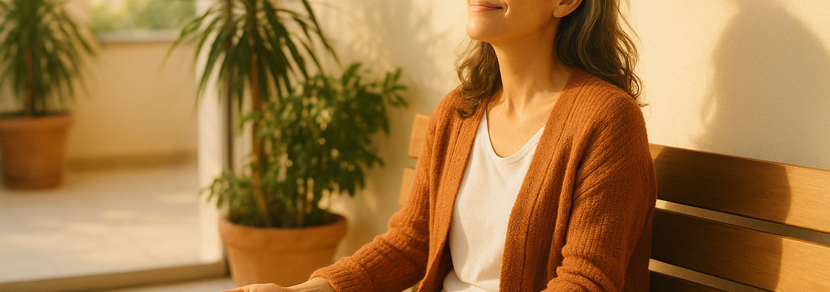 Mujer sentada en un banco al sol con las manos abiertas sobre las rodillas, sin nada que cargar: herida de humillación