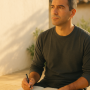 Hombre sentado al borde de una terraza con un cuaderno abierto sobre las rodillas, mirando al frente mientras decide: cómo elegir un retiro espiritual