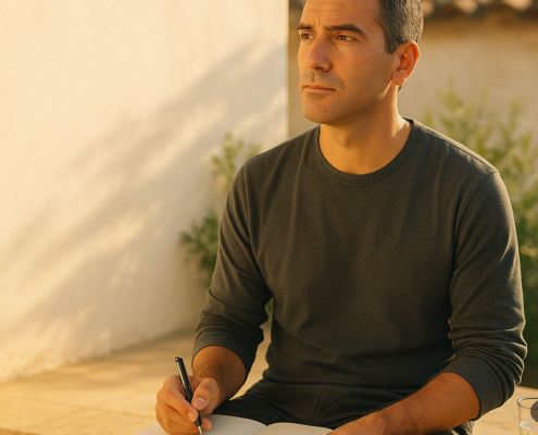 Hombre sentado al borde de una terraza con un cuaderno abierto sobre las rodillas, mirando al frente mientras decide: cómo elegir un retiro espiritual